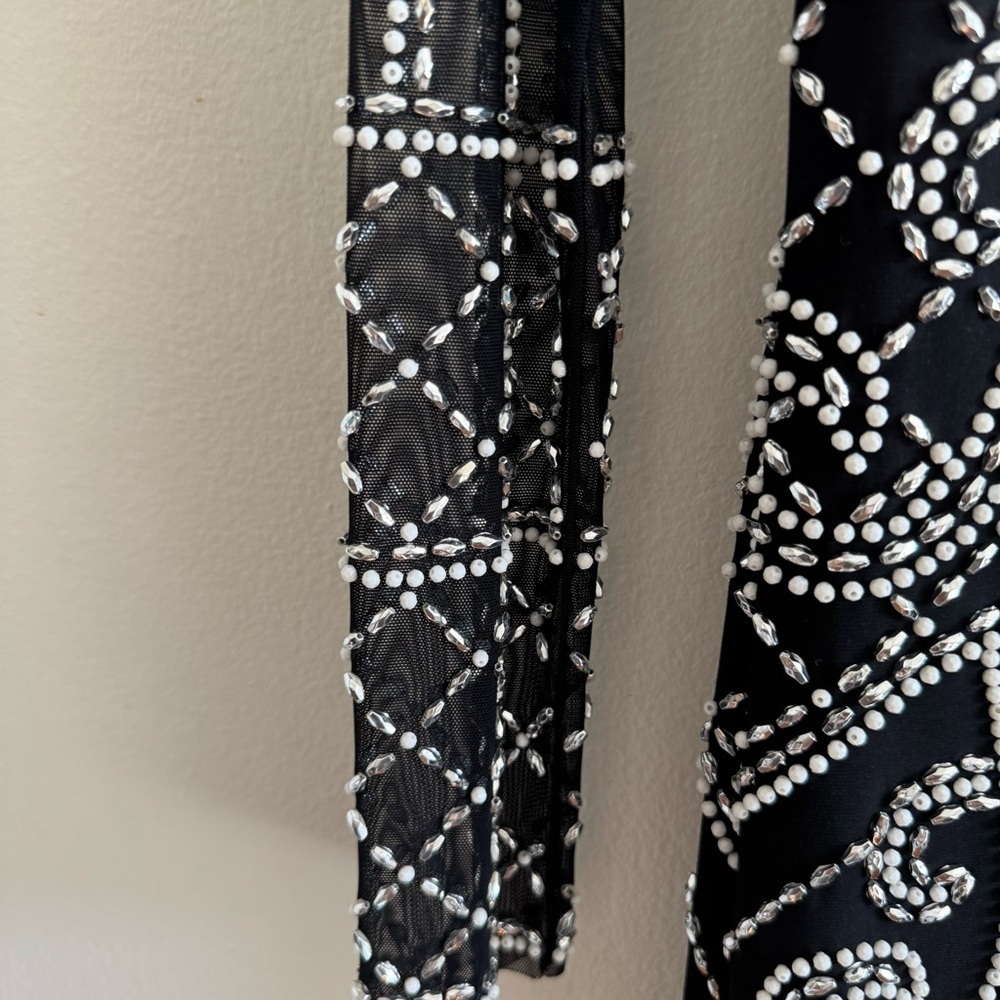 XSCAPE Black Long Sleeve White Silver Bead Embellishment Dress size 8 - Picture 7 of 10